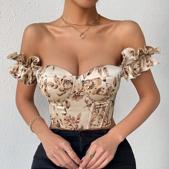 Apricot Boho Women's Floral Print Lace Up Backless Bustier Crop Wide Strap Top - Picture 3 of 6